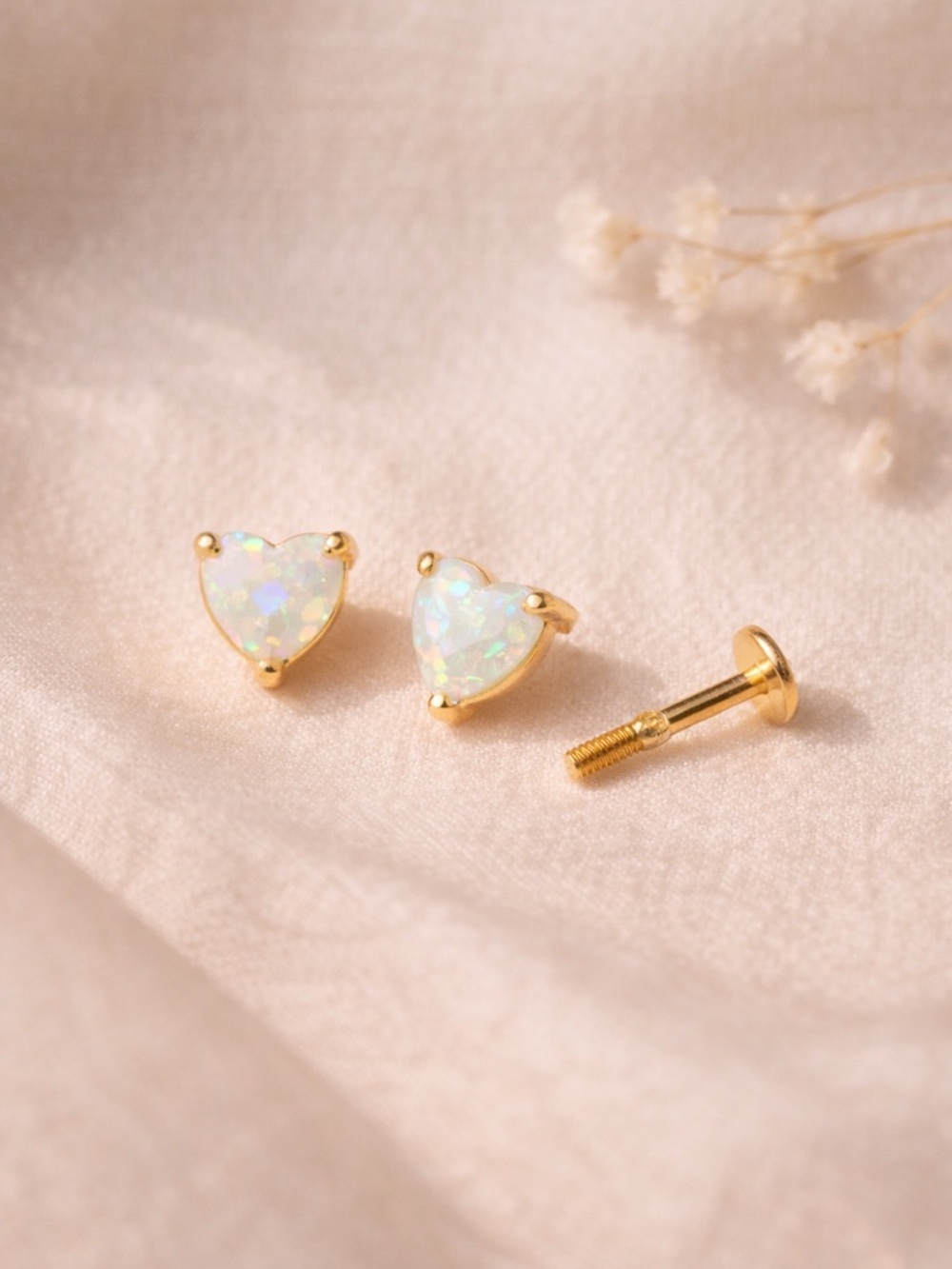 925 Gold Tone White Opal Heart Threaded Flat Back Studs